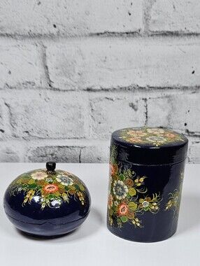 Vintage Hand Painted Kashmiri Papier Mache Trinket Box Set Floral Decor